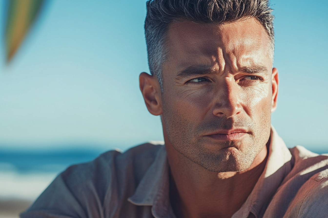 Un hombre serio sentado en una playa | Fuente: Midjourney