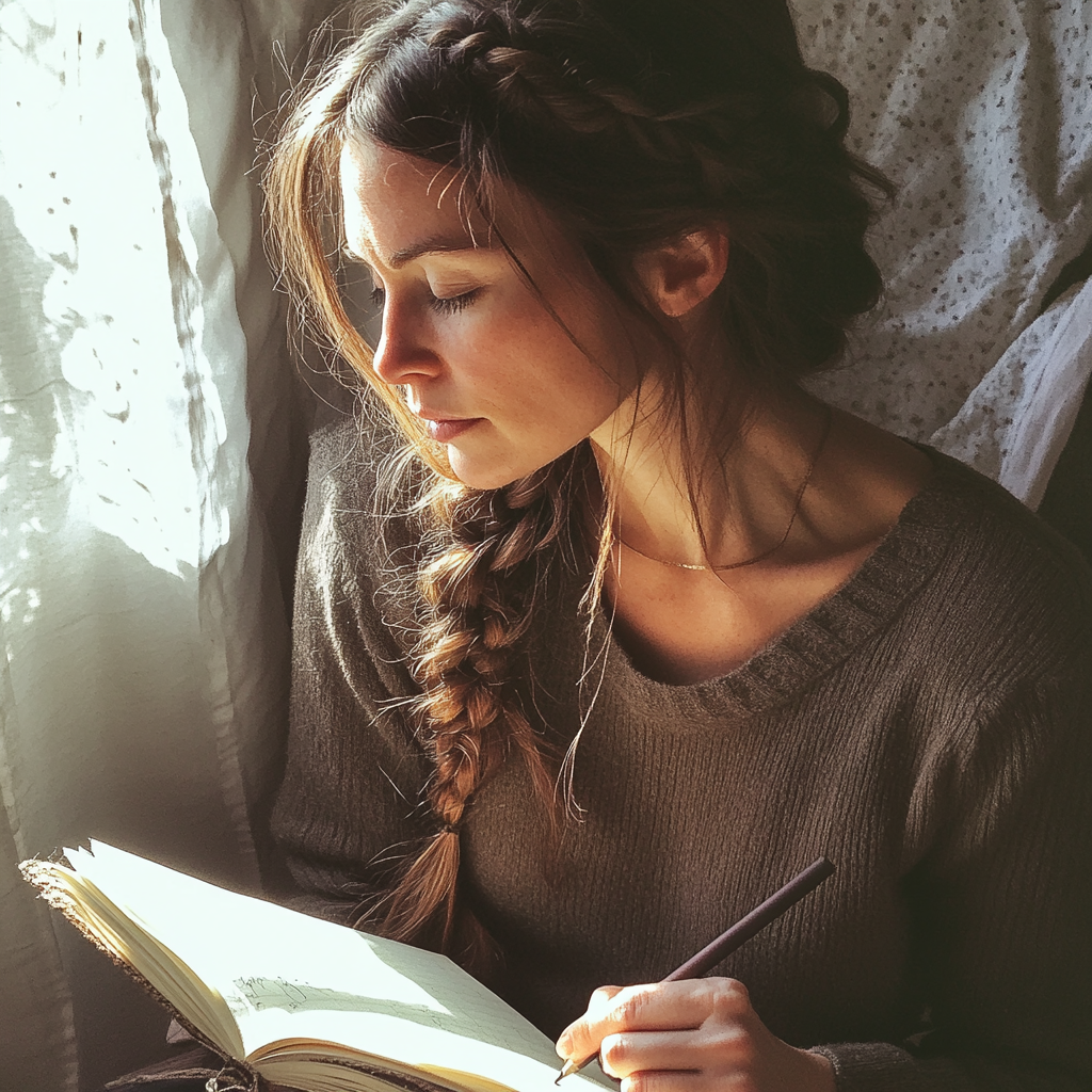 Una mujer escribiendo en un cuaderno | Fuente: Midjourney