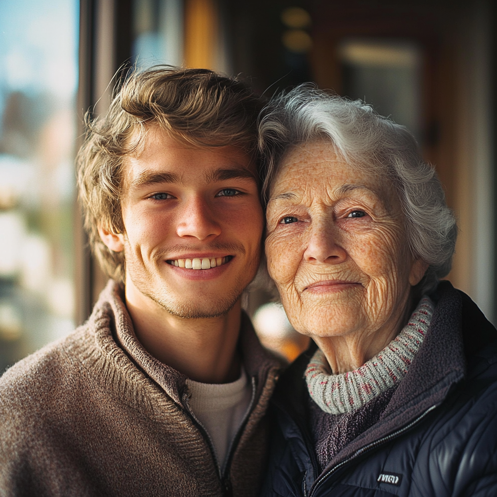 Un hombre feliz posando con su madre | Fuente: Midjourney