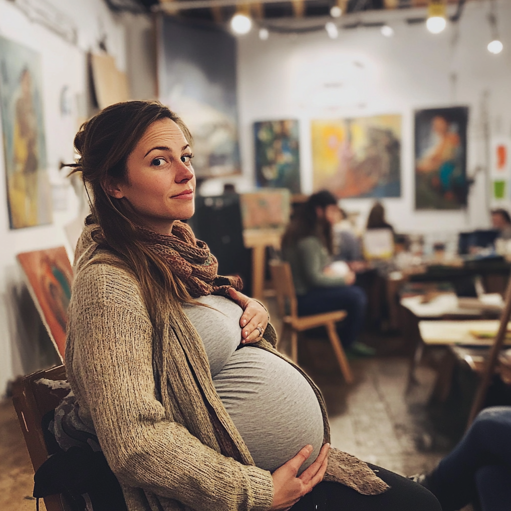 Mujer embarazada en una clase de pintura | Fuente: Midjourney