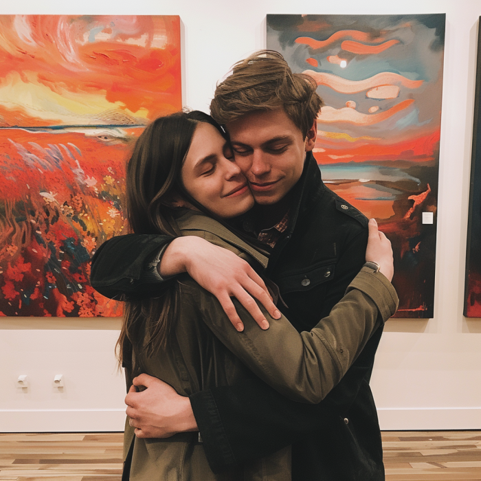 Hermanos comparten un abrazo en una galería de arte | Fuente: Midjourney