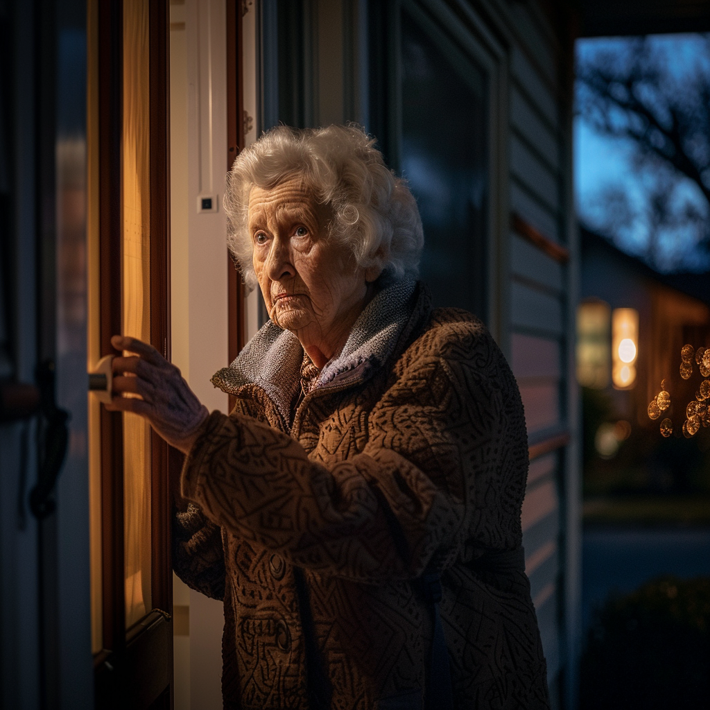 Una anciana frente a una casa en mitad de la noche | Fuente: Midjourney
