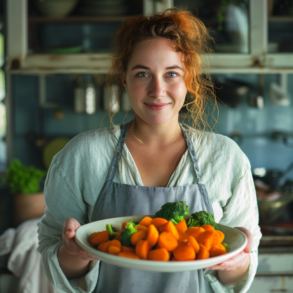 Una mujer sosteniendo un plato con verduras | Fuente: Midjourney