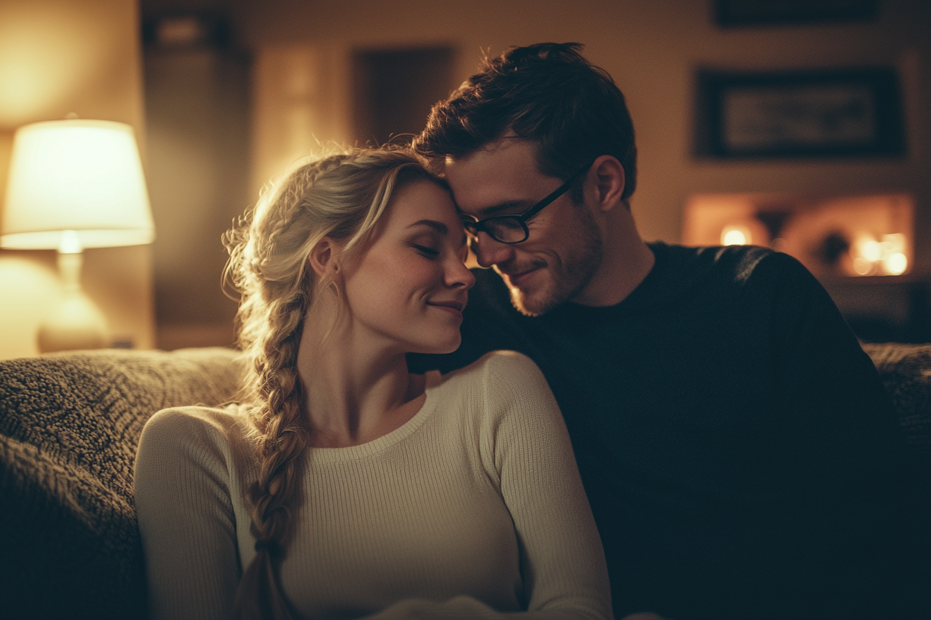 Pareja de treintañeros abrazados en un sofá que parecen felices y enamorados por la noche en un salón | Fuente: Midjourney