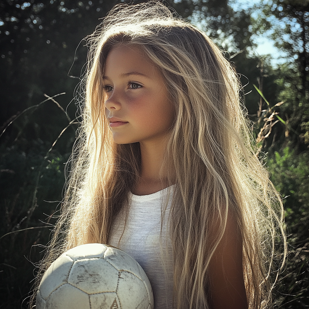 Una niña sujetando un balón de fútbol | Fuente: Midjourney
