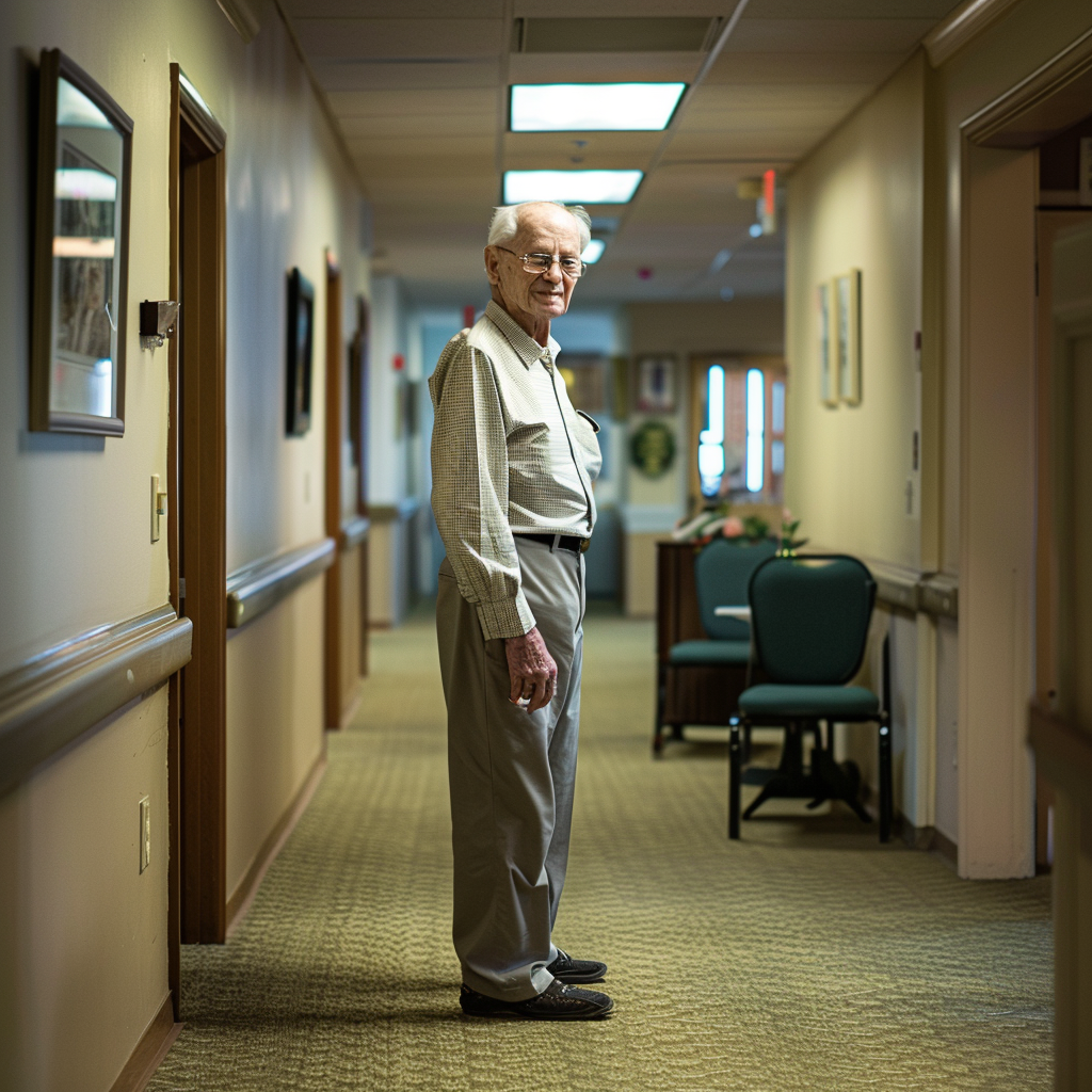 Un anciano de pie en una residencia | Fuente: Midjourney