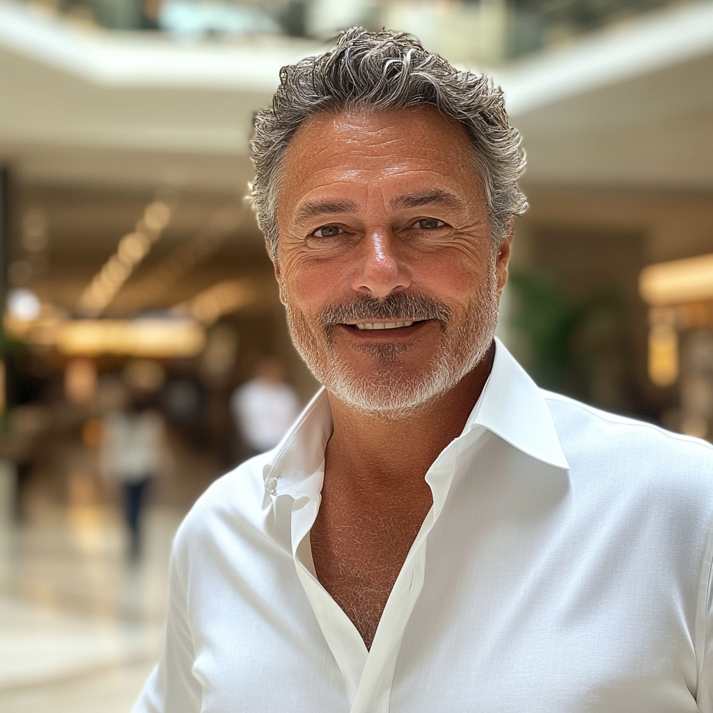 Un hombre mayor sonriente en un centro comercial | Fuente: Midjourney