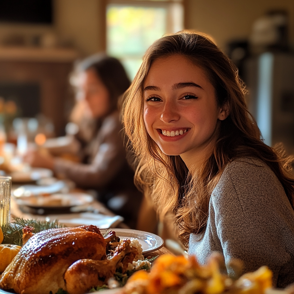 Una chica sonriente en una cena | Fuente: Midjourney