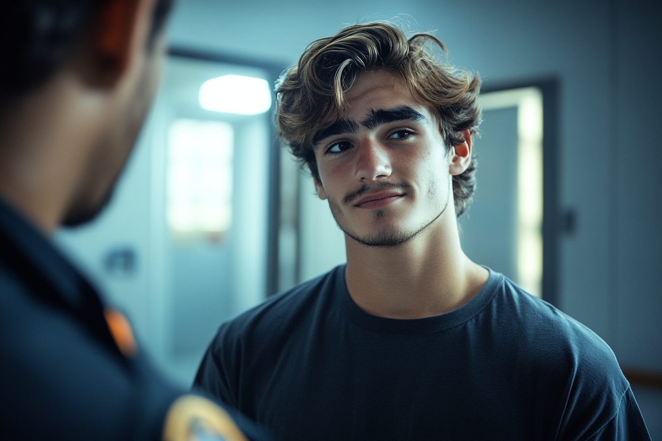 Un joven hablando con un agente de policía | Fuente: Midjourney
