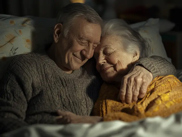 Una pareja de ancianos felizmente juntos en la cama | Fuente: Midjourney