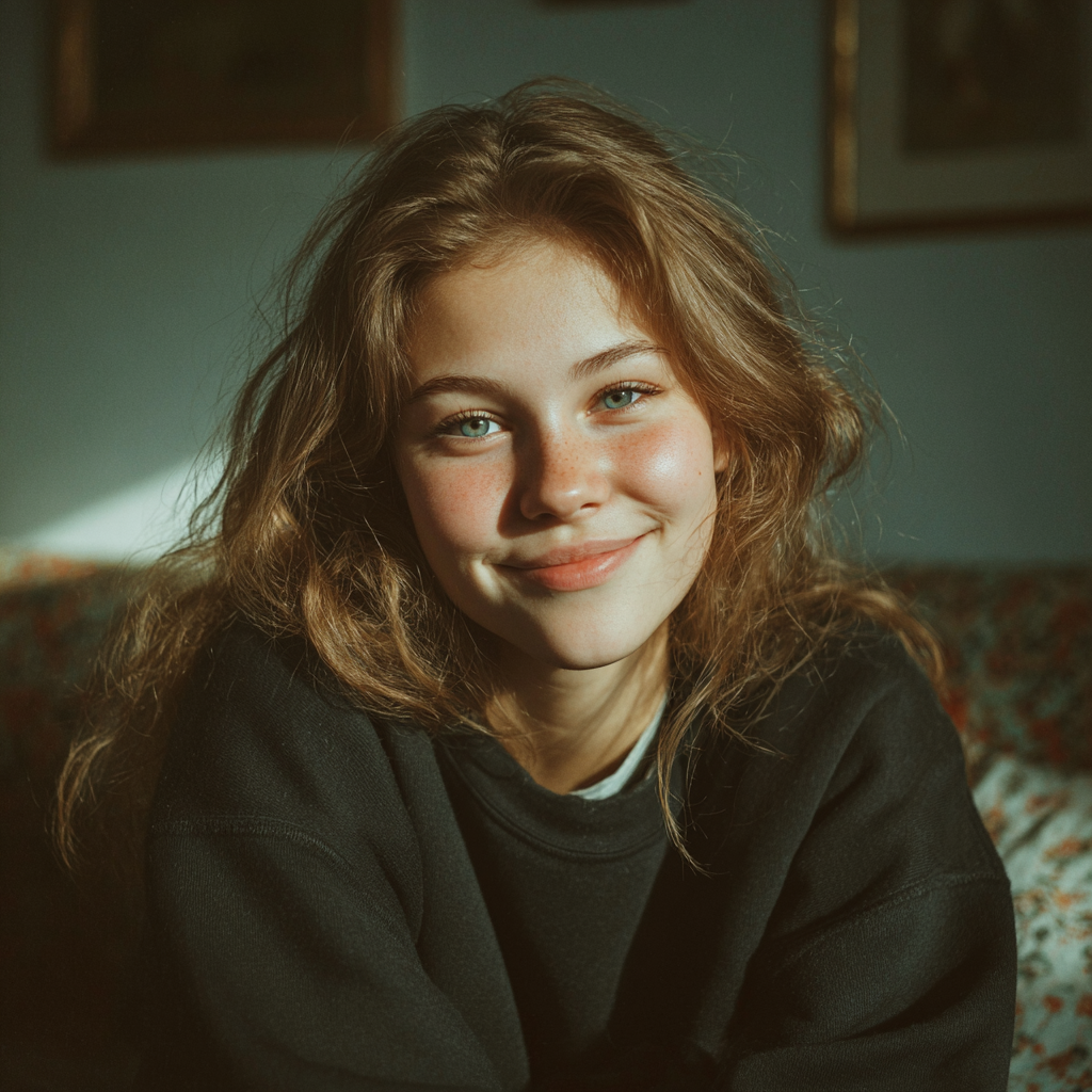 Una chica feliz sentada | Fuente: Midjourney