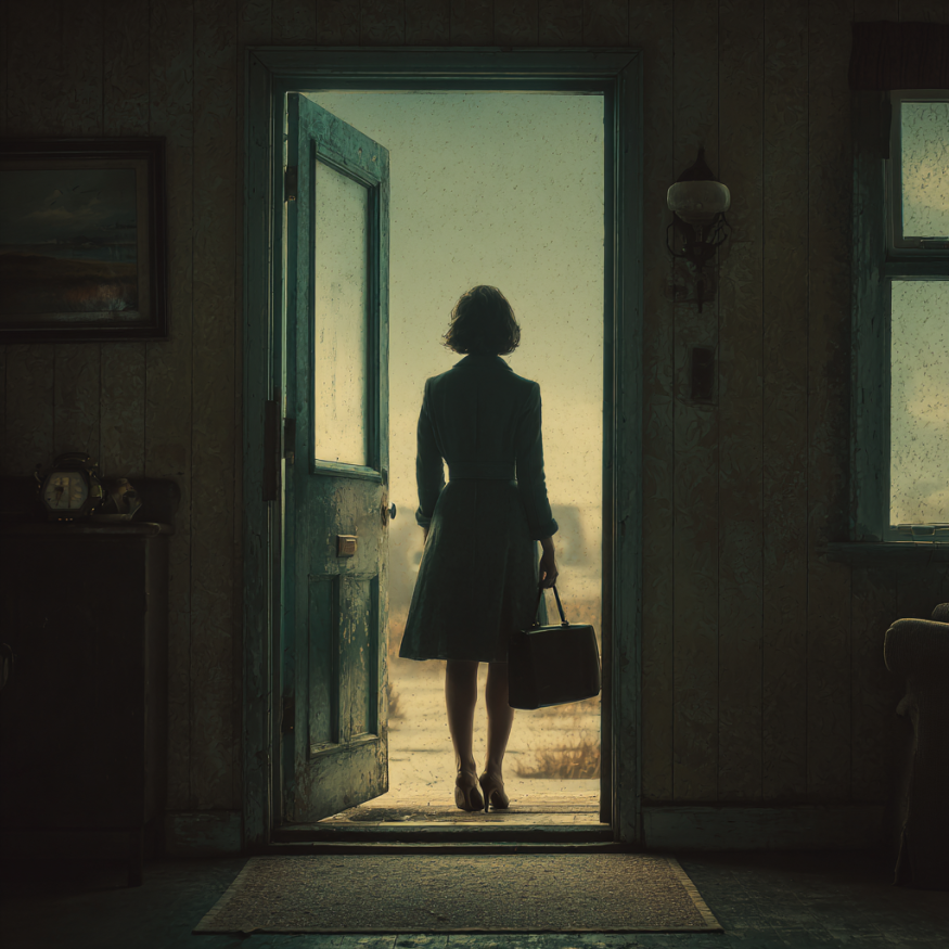 Una mujer saliendo de una casa : Fuente: Midjourney