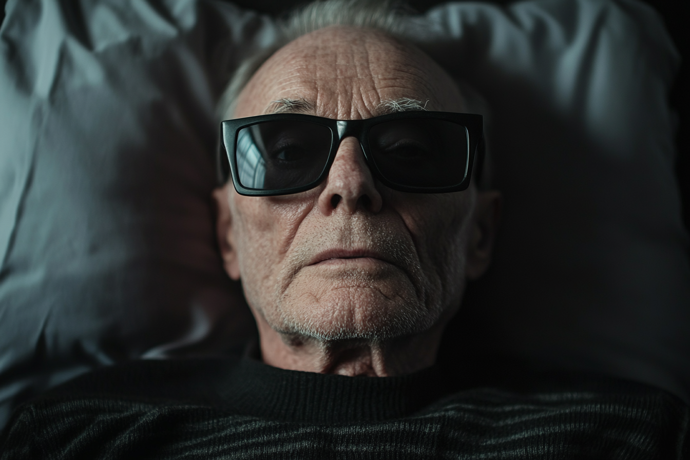 Un hombre con gafas oscuras tumbado en la cama | Fuente: Midjourney