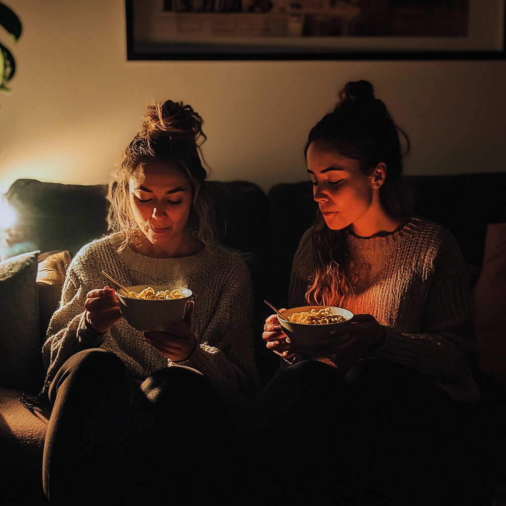 Dos mujeres sentadas y comiendo juntas | Fuente: Midjourney