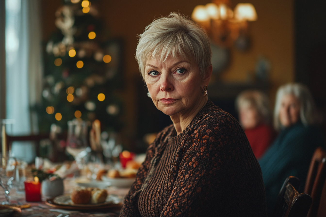 Mujer de unos 60 años con semblante serio en la mesa del comedor durante una cena de Navidad | Fuente: Midjourney