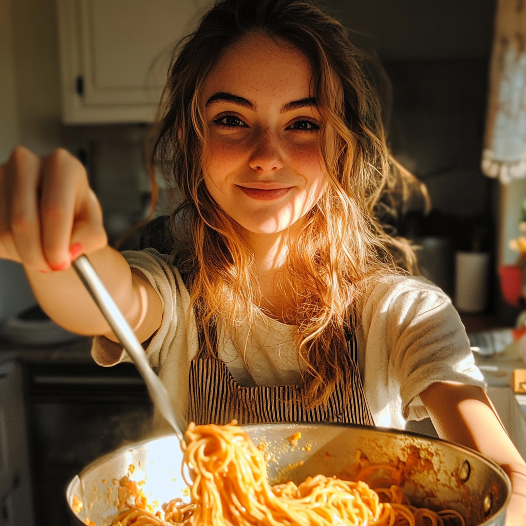 Una mujer cocinando con una sonrisa forzada | Fuente: Midjourney