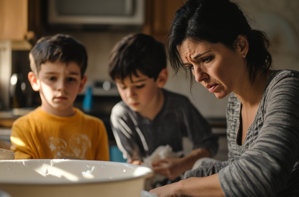 Una mujer haciendo tareas con sus hijos | Fuente: Midjourney