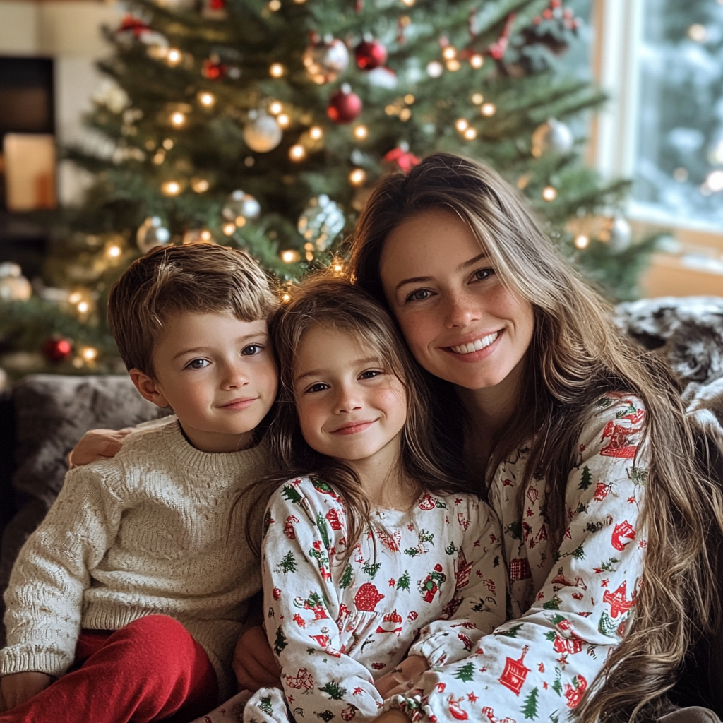 Una madre y sus hijos celebrando la Navidad | Fuente: Midjourney