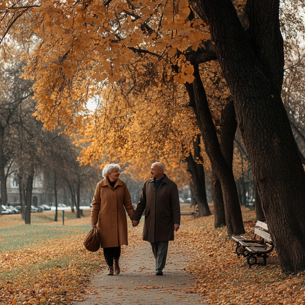 Una feliz pareja de ancianos paseando | Fuente: Midjourney