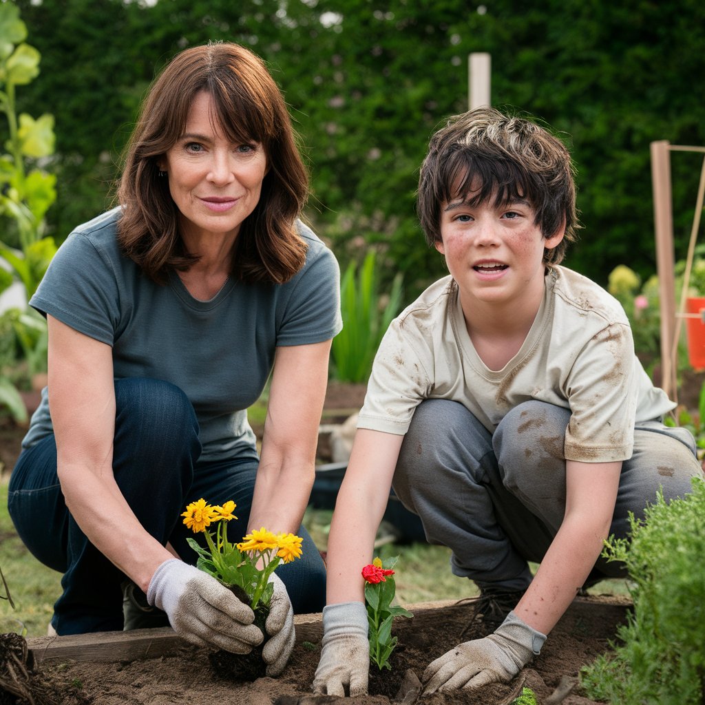 Una mujer y un niño trabajando en un jardín, plantando flores | Fuente: Midjourney