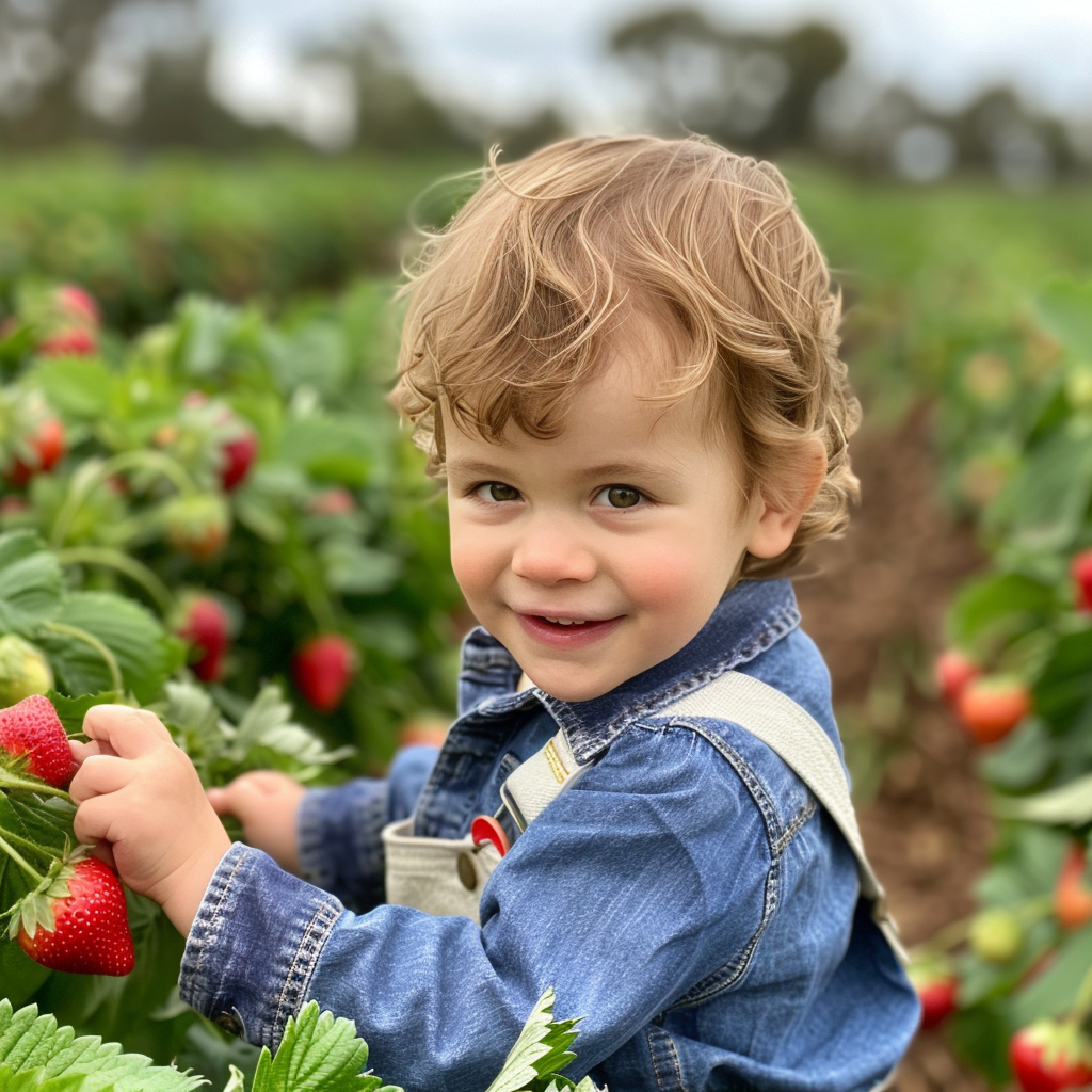 Un niño pequeño en un campo de fresas | Fuente: Midjourney