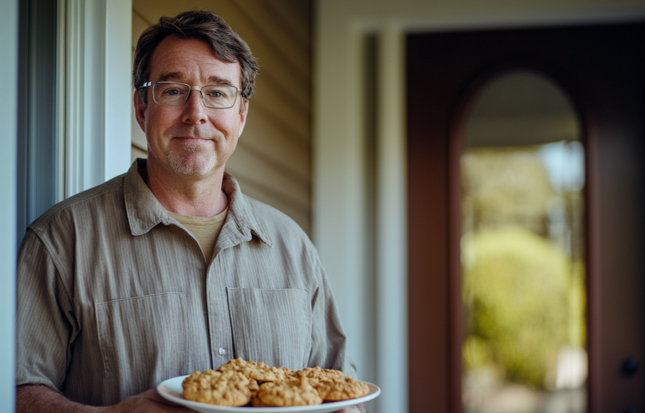 Un hombre con un plato de galletas | Fuente: Midjourney
