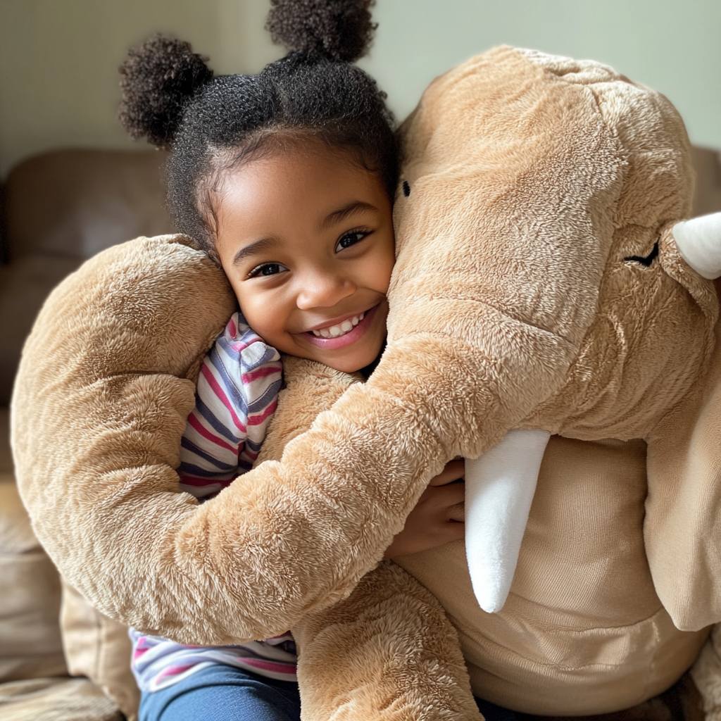 Niña sosteniendo un elefante gigante de peluche | Fuente: Midjourney