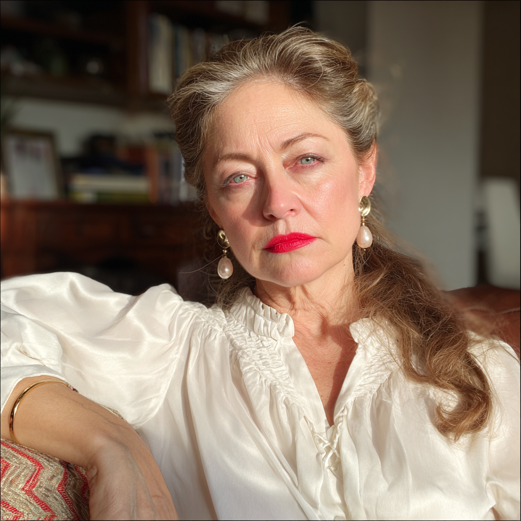 Una emotiva mujer mayor sentada en un sofá | Fuente: Midjourney