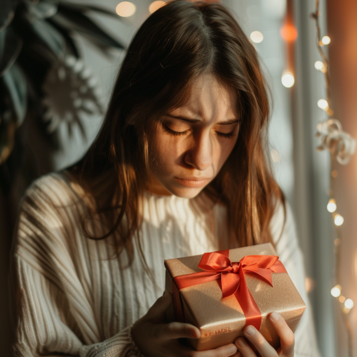 Una adolescente se siente triste mientras sostiene una caja de regalo | Fuente: Midjourney