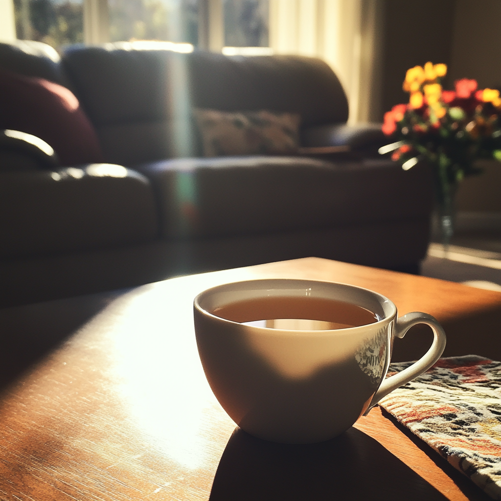 Una taza de té sobre una mesa de café | Fuente: Midjourney