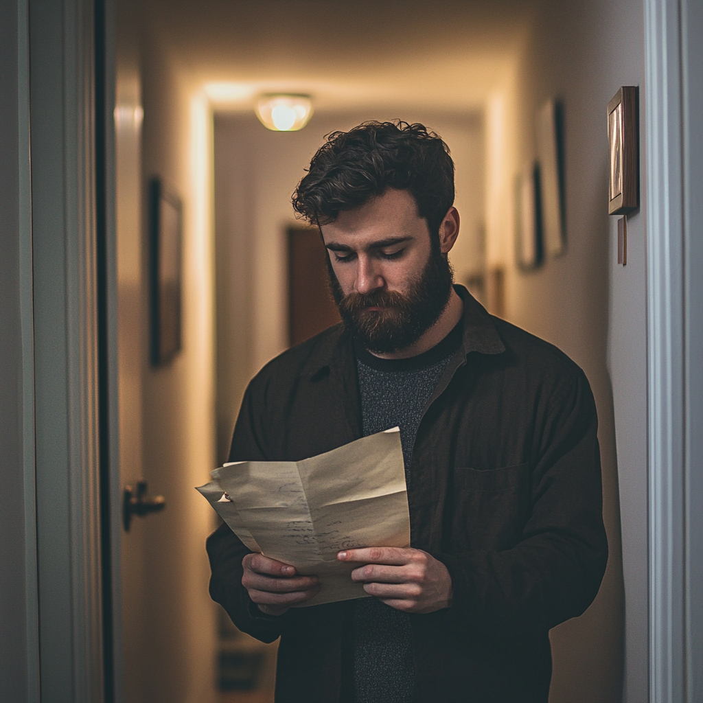 Un hombre leyendo una nota en su pasillo | Fuente: Midjourney