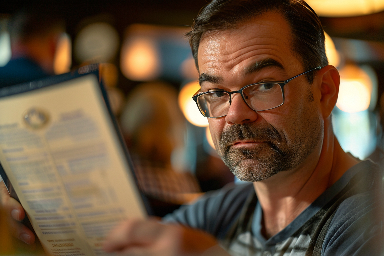 Un hombre en un restaurante sujetando el menú | Fuente: Midjourney