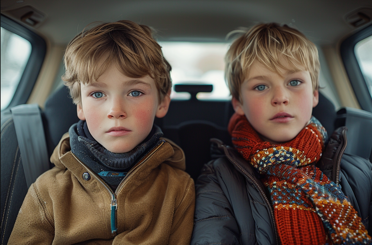 Dos hermanos en el asiento trasero del Automóvil de su madre | Fuente: Midjourney