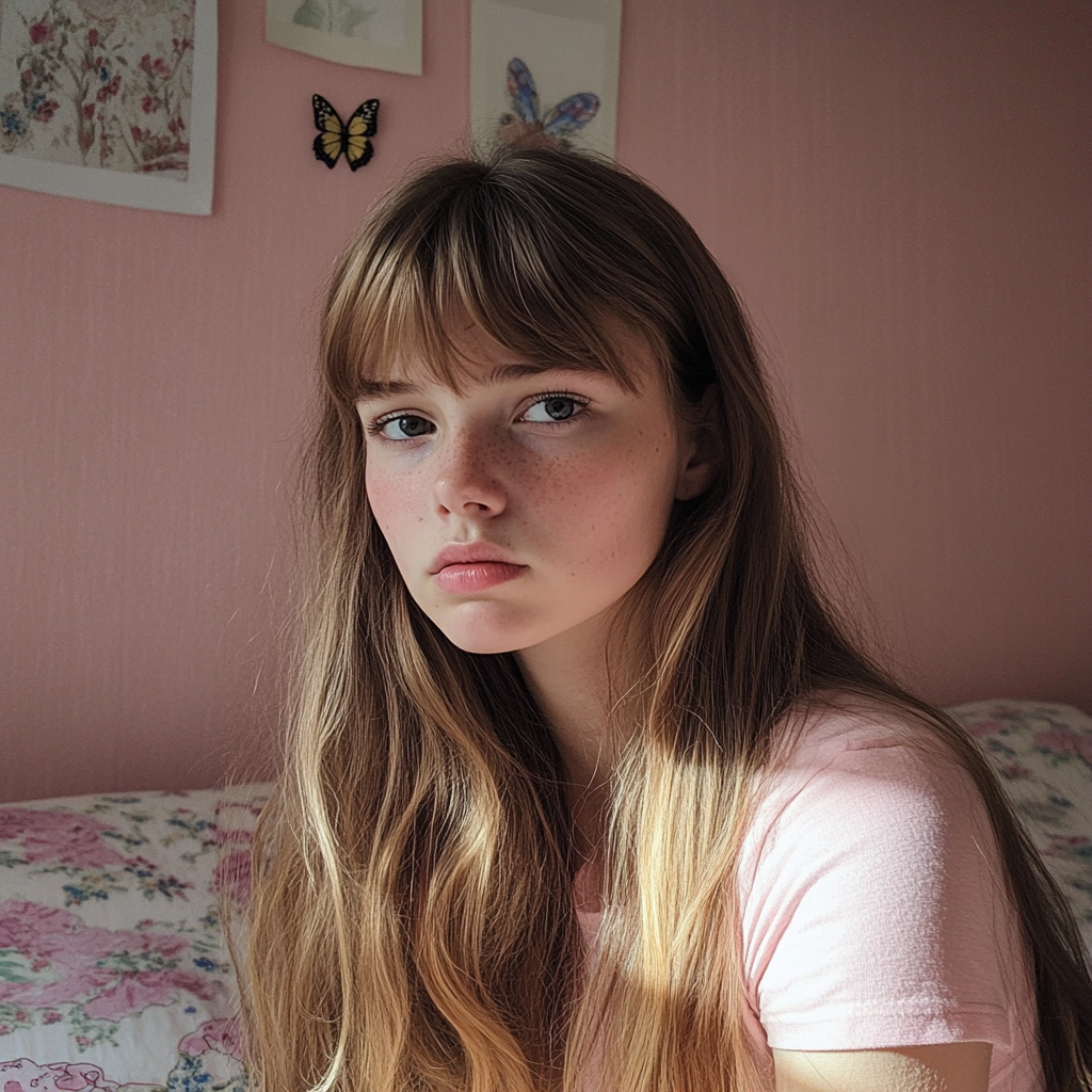 Una adolescente sentada en una cama | Fuente: Midjourney