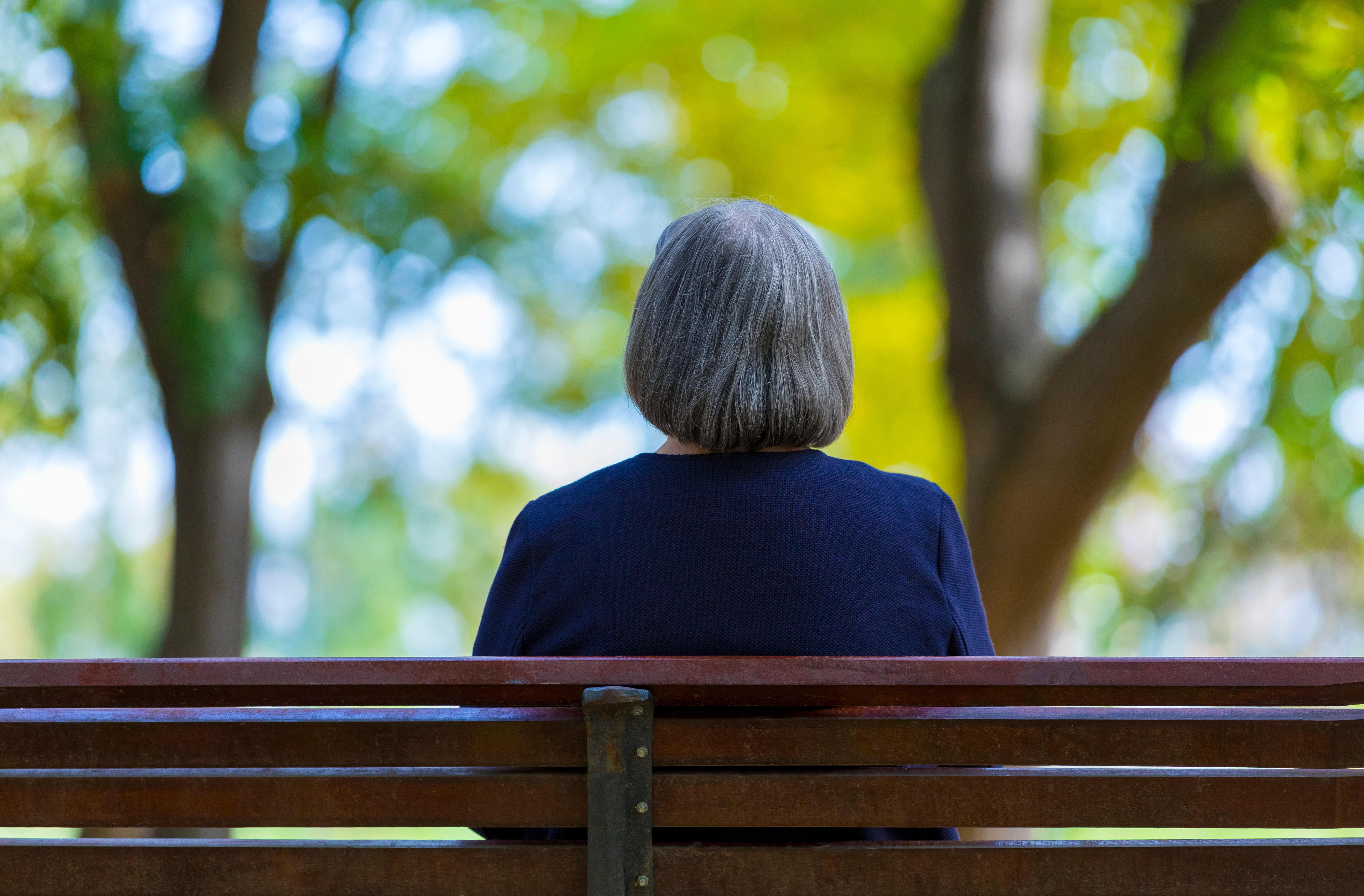 Vista posterior de una mujer mayor sentada sola en un banco al aire libre | Fuente: Shutterstock