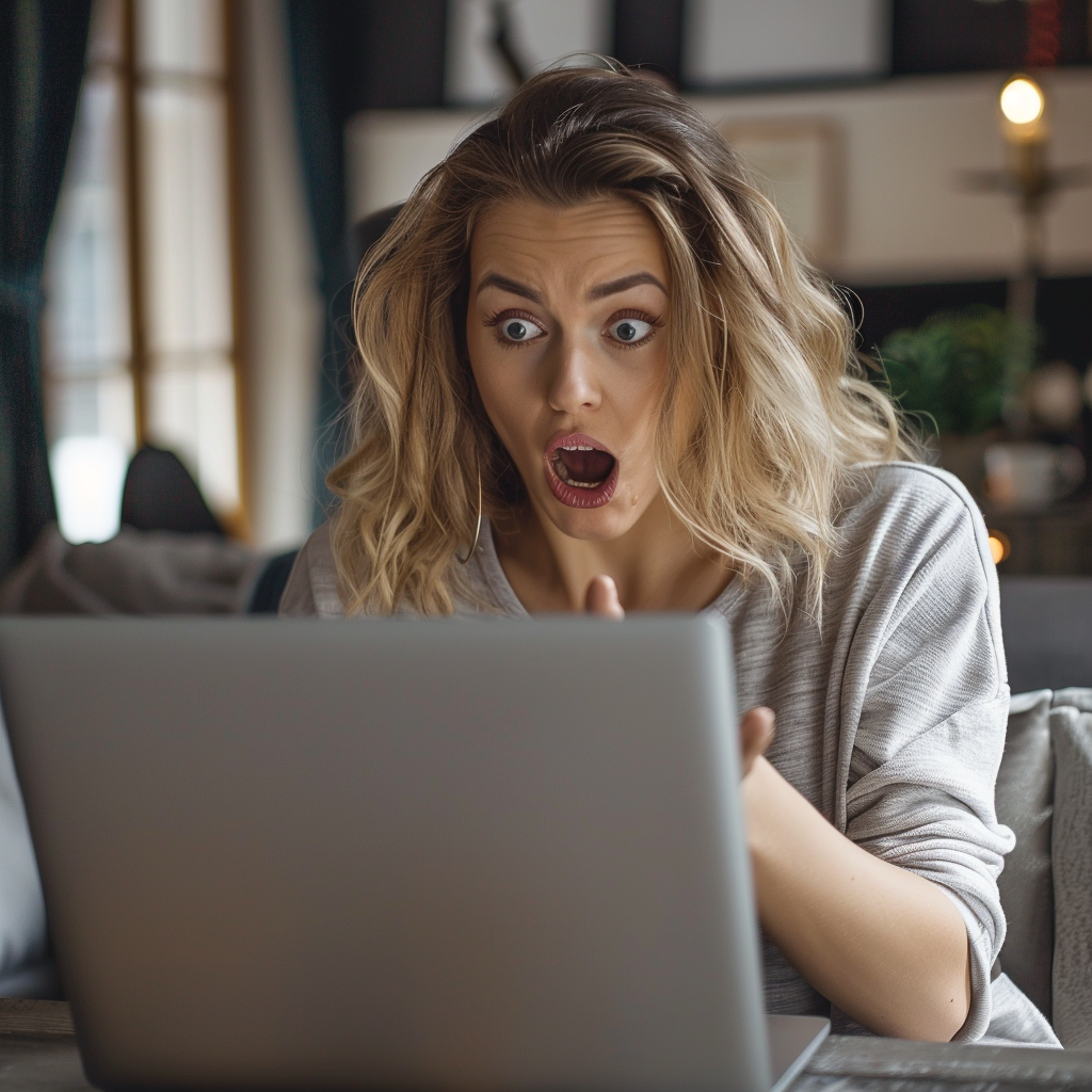 Una mujer mirando atónita la pantalla de un ordenador portátil | Fuente: Midjourney