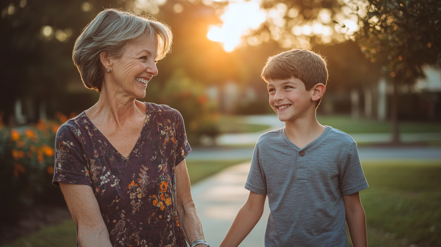 Una mujer sonriendo con un niño | Fuente: Midjourney