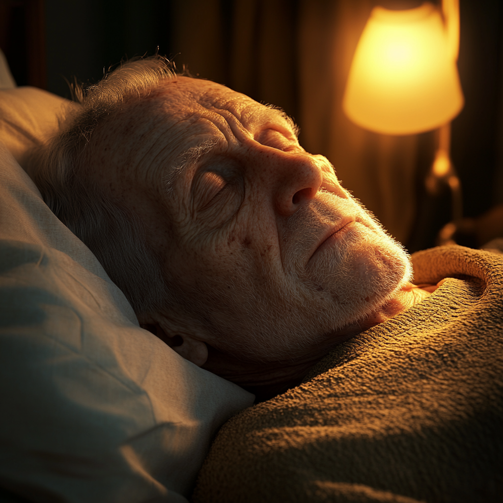 An elderly sick man lying on a bed | Source: Midjourney