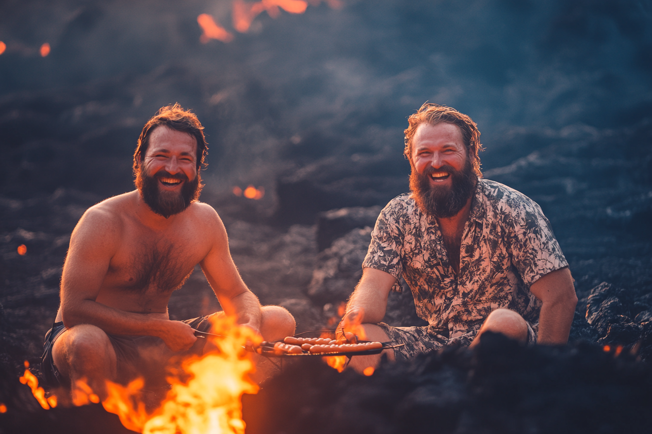 Dos amigos cocinando perritos calientes | Fuente: Midjourney