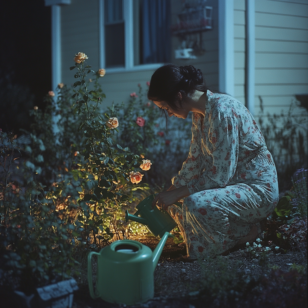 Una mujer trabajando en un huerto por la noche | Fuente: Midjourney