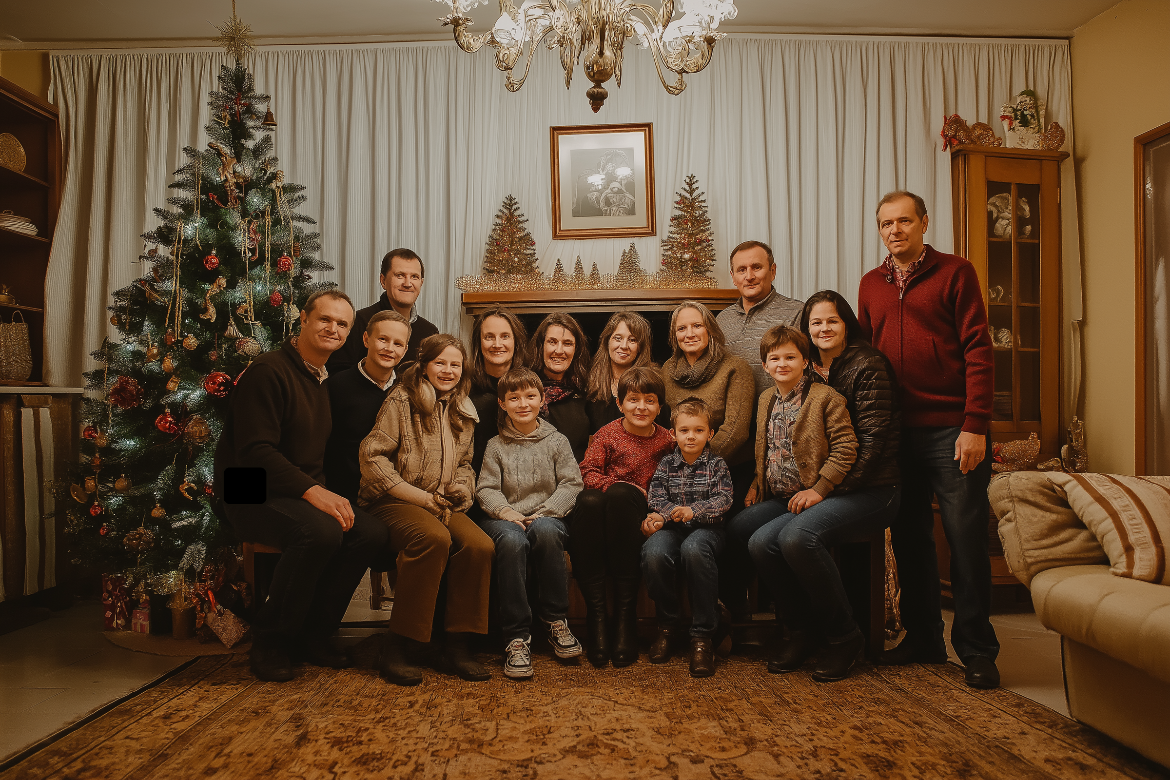 Familia posando para una foto junto a la chimenea y el árbol de Navidad | Fuente: Midjourney