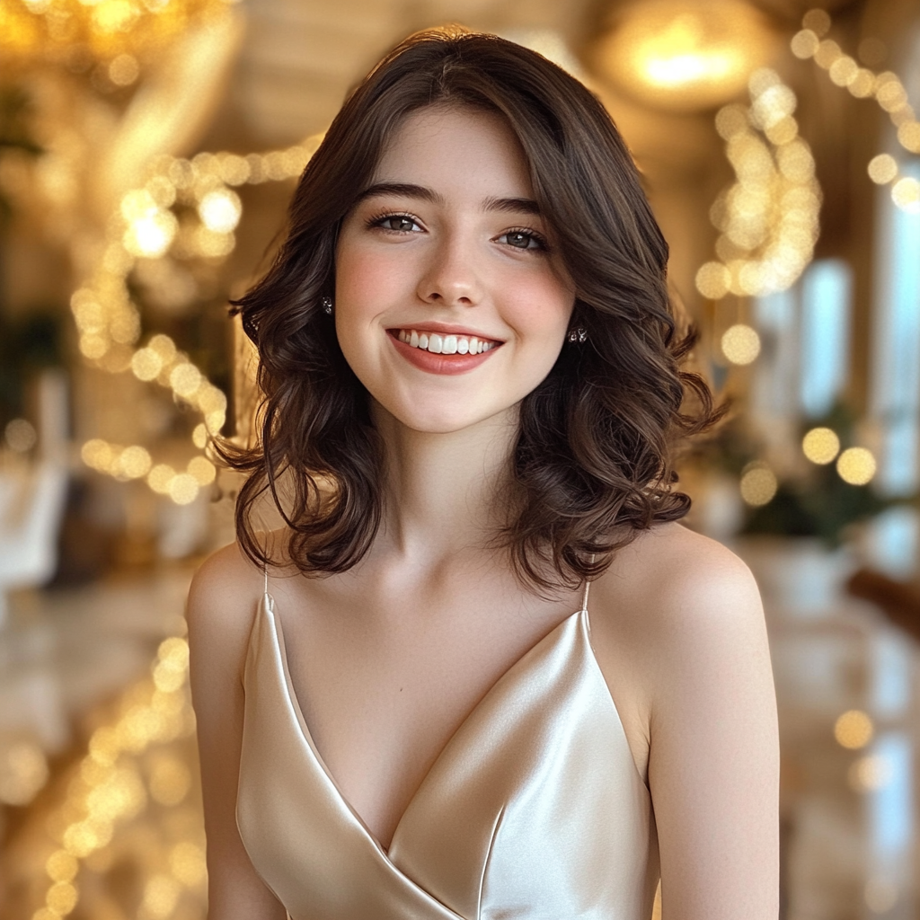 Una adolescente sonriente con un vestido de champán | Fuente: Midjourney