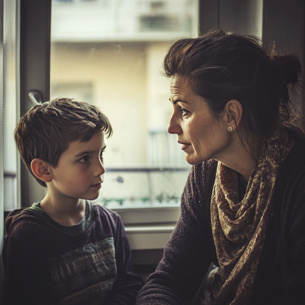 Un profesor preocupado hablando amablemente a un niño | Fuente: Midjourney