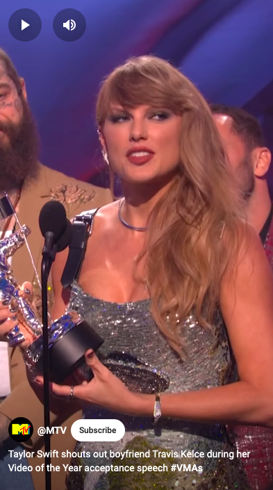 Taylor Swift durante su discurso de aceptación del premio en los VMA 2024 | Fuente: YouTube/@MTV