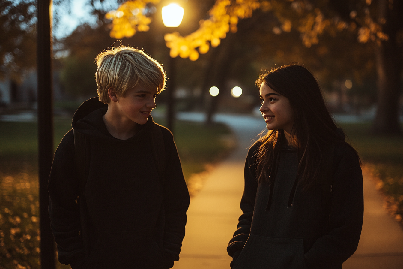 Dos adolescentes caminando de noche por una acera junto a un parque | Fuente: Midjourney