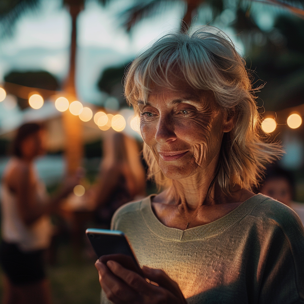 Mujer madura sonriente sujetando su smartphone en una barbacoa | Fuente: Midjourney