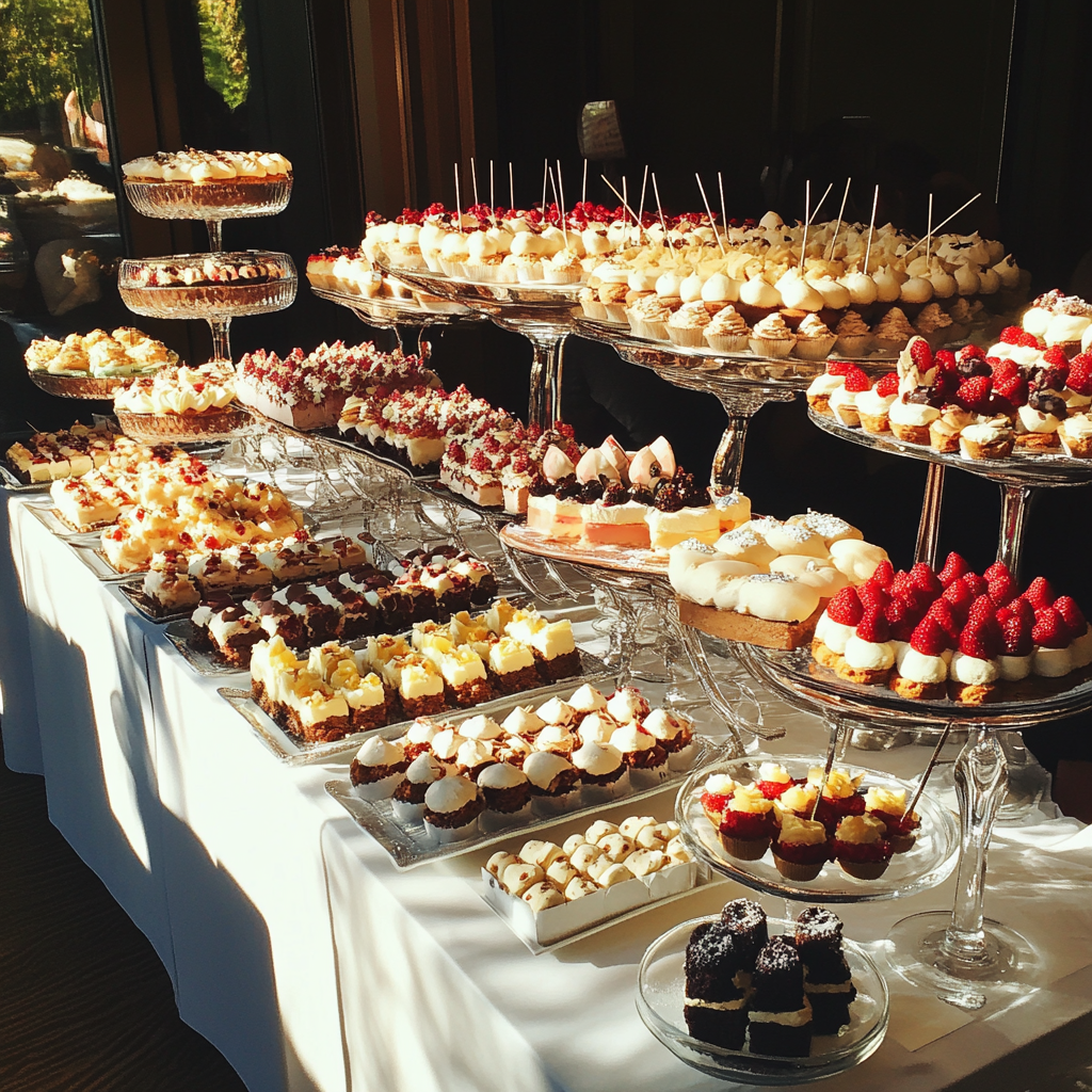 Un buffet de postres en una boda | Fuente: Midjourney