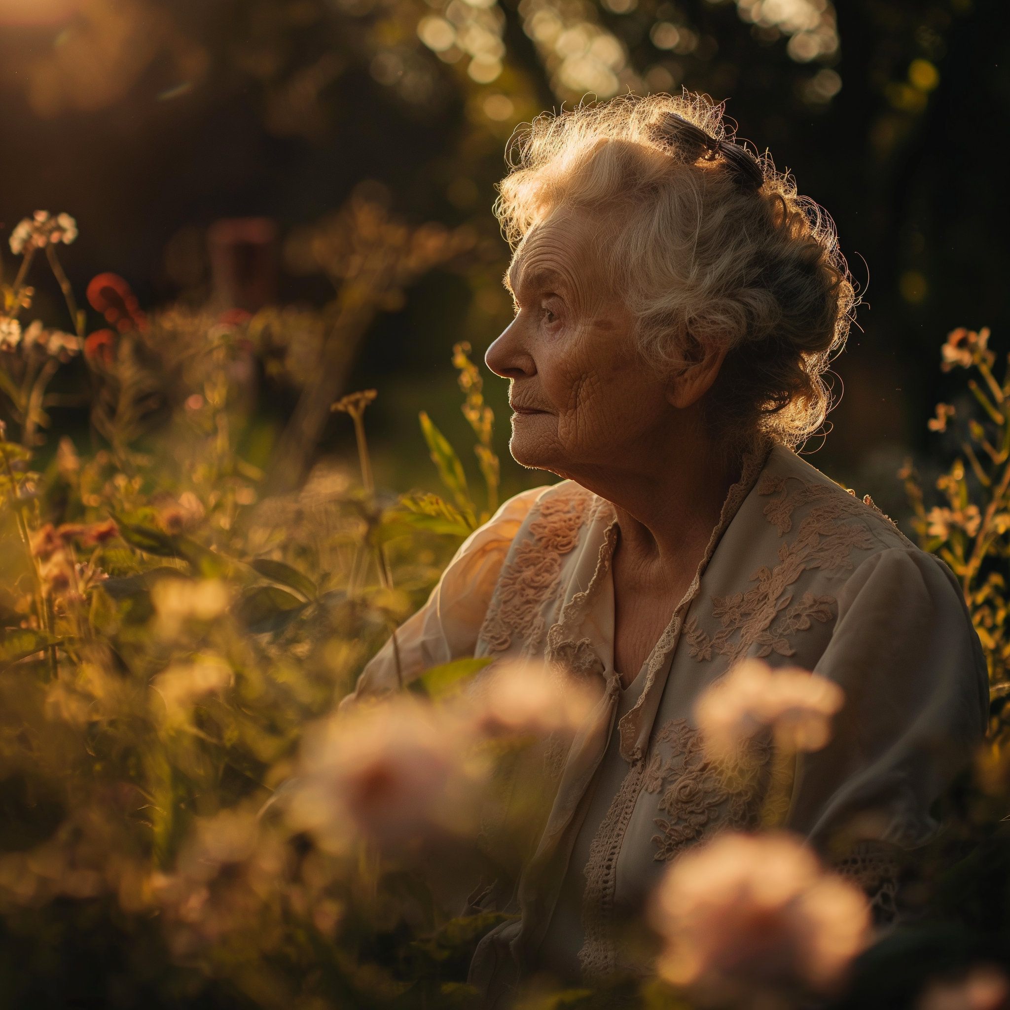 Una anciana en un jardín | Fuente: Midjourney