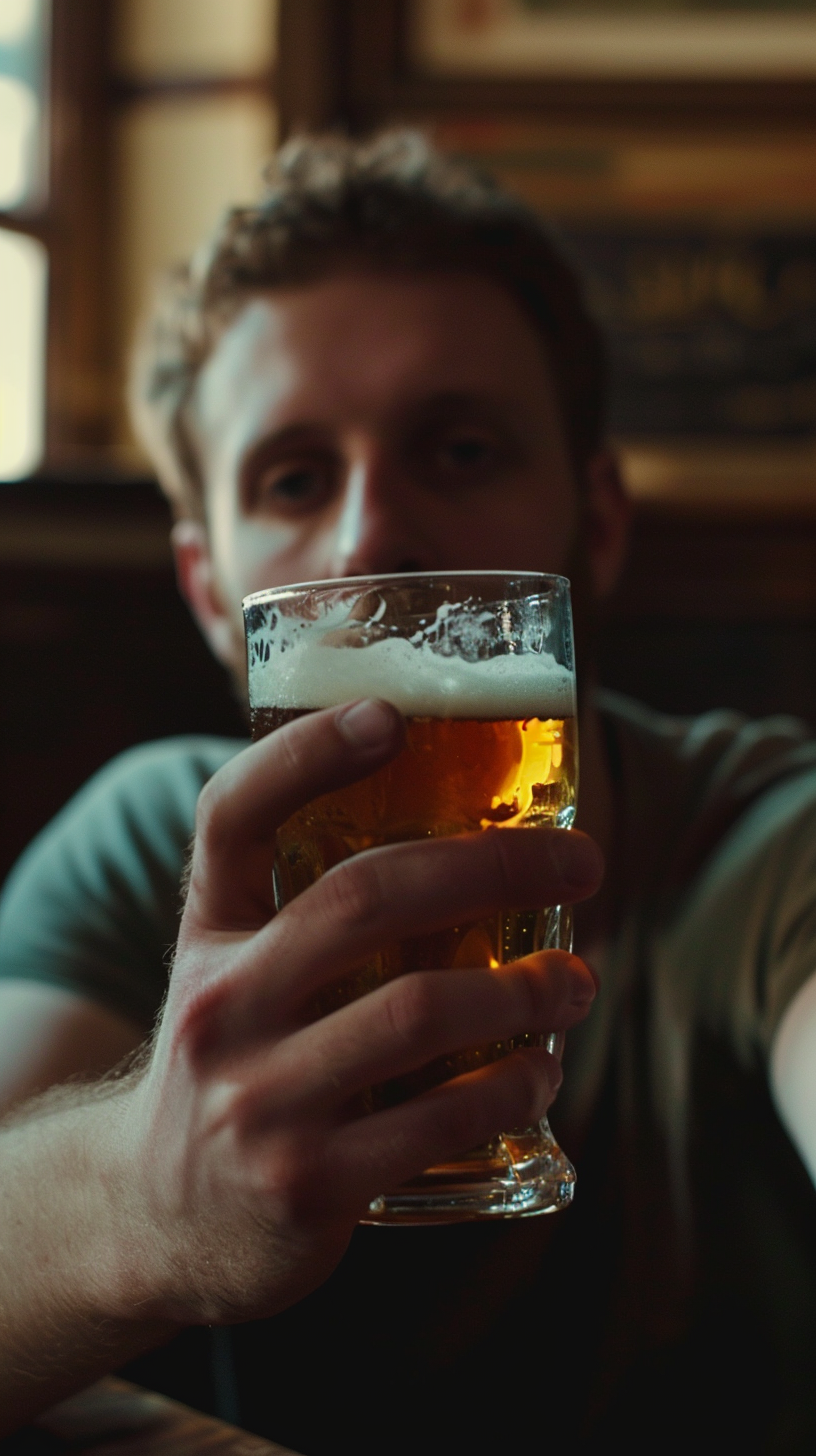 Un hombre con un vaso de cerveza en la mano | Fuente: Midjourney