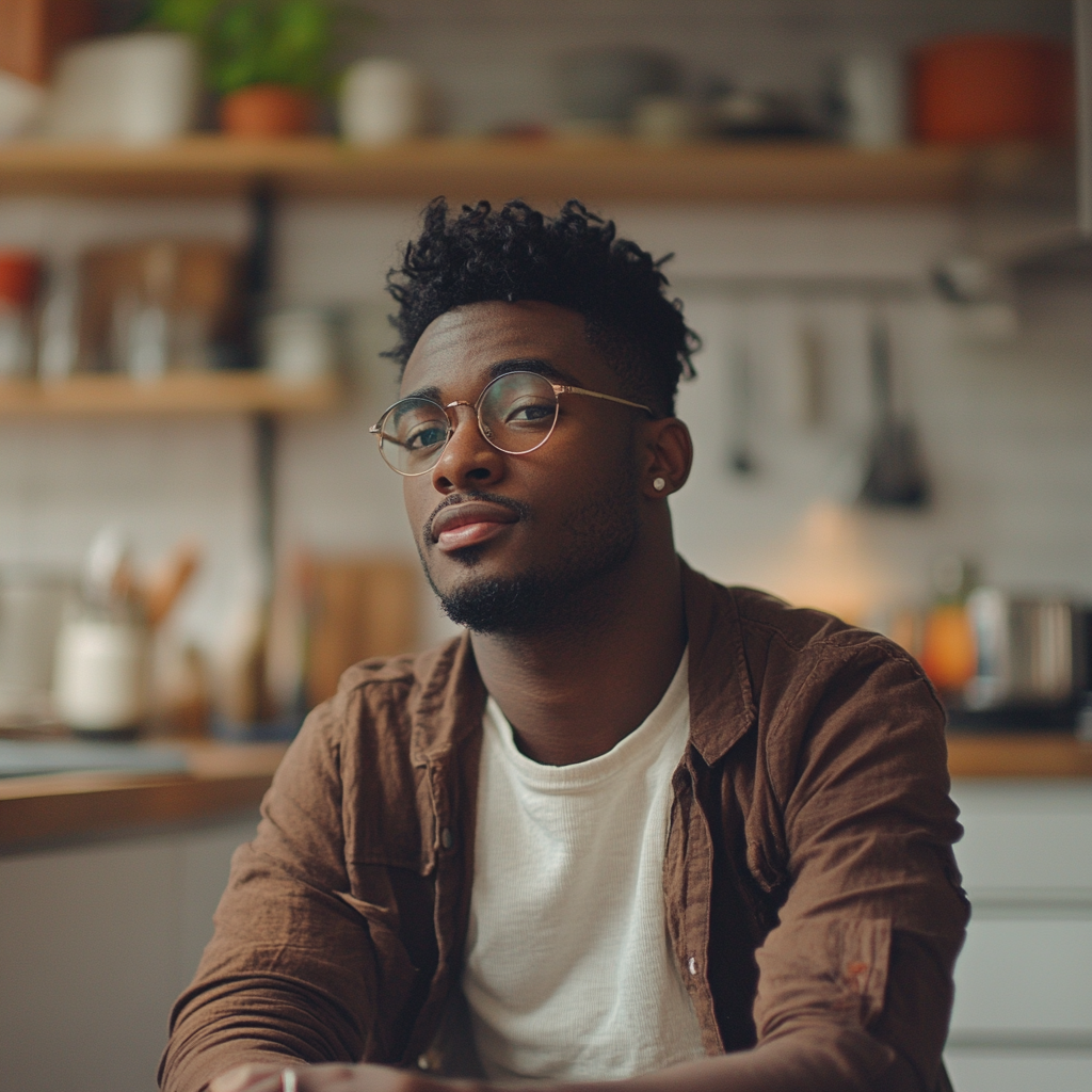 Un hombre sonriente en su cocina | Fuente: Midjourney